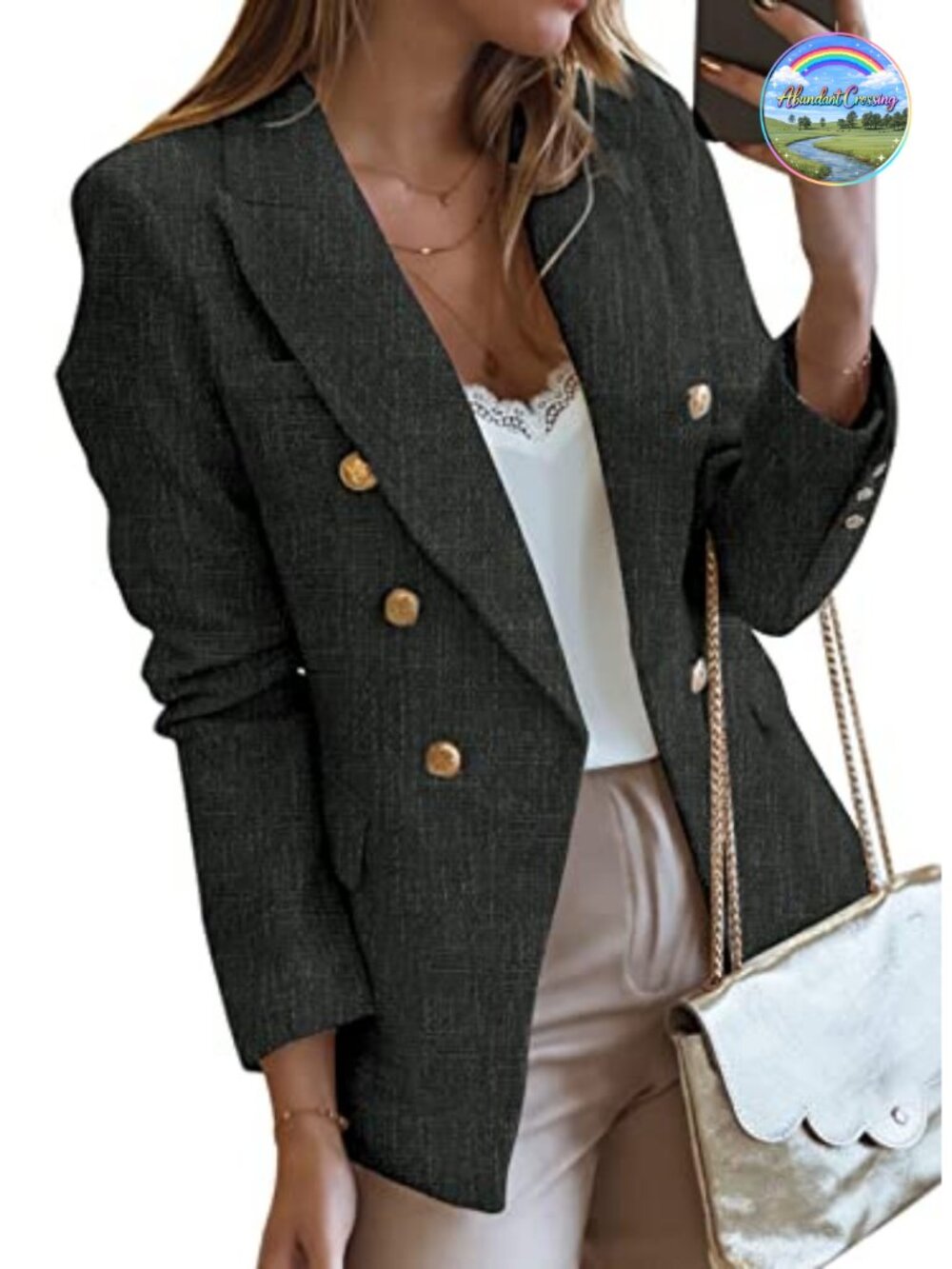 Tweed Blazer Women Long Sleeve Double Breasted Open Front Business Casual